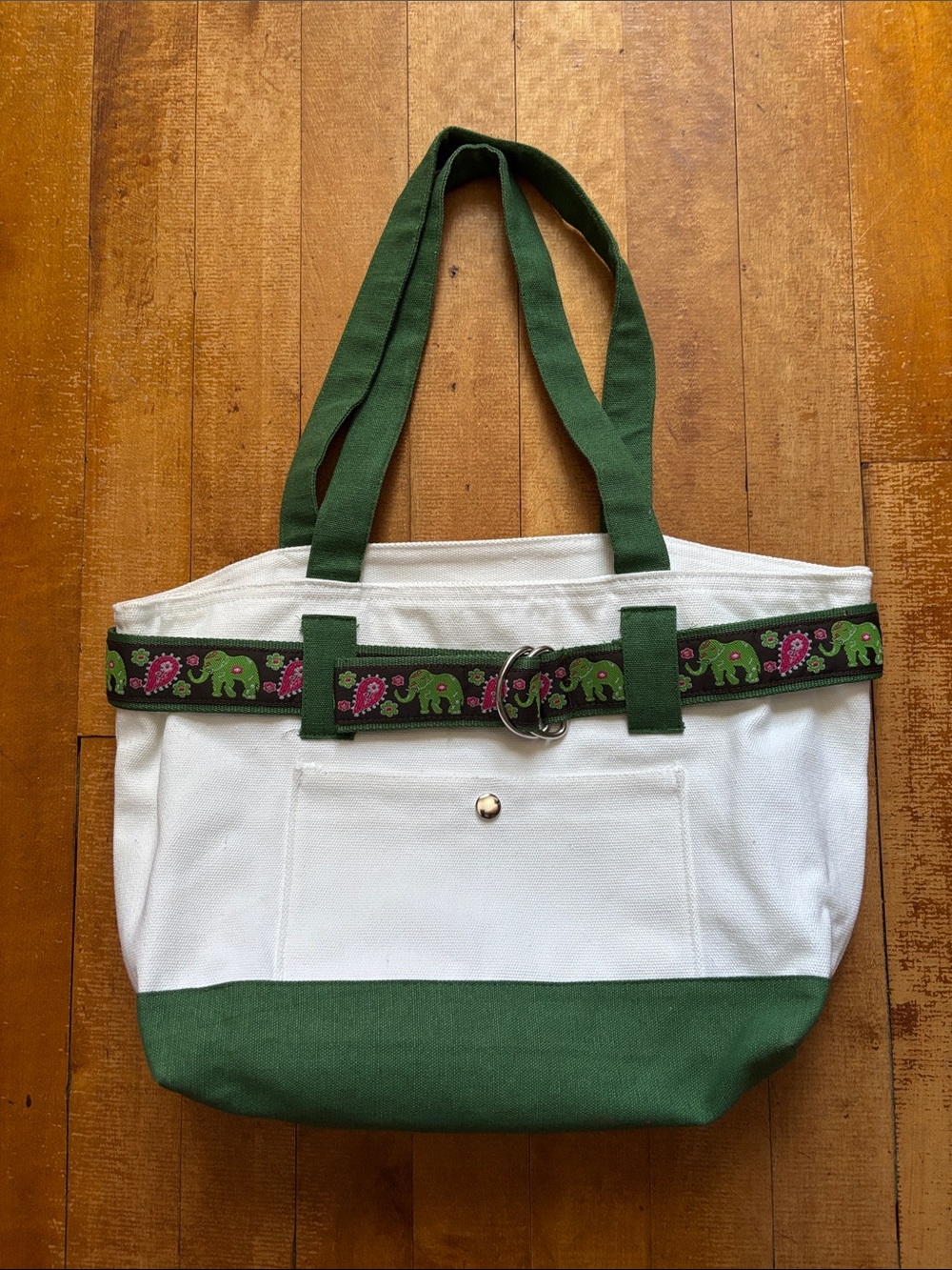 Canvas Tote Bag - White & Green with Elephant Trim-NWOT- Shopping-Book Bag